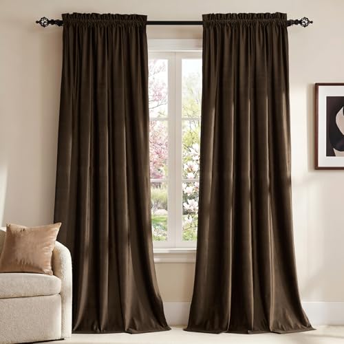 PRIMROSE Brown Velvet Room Darkening Curtains 96 inches Long for Living Room,Blackout Thermal Insulated Window Drapes for Bedroom Solid Modern Decorative Rod Pocket Curtain Set of 2 Panels
