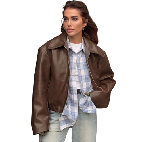 Veste courte en similicuir femme zippée à revers et poches pour un look rock