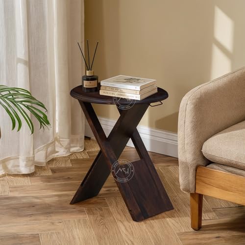 Image of NSH Luxury Sheesham Solid Wood Cross Leg Coffee Side Table | Multipurpose Stool for Living Room, Bedroom or Dining Room | Walnut Finish, 1 Wooden Table Side End Stool