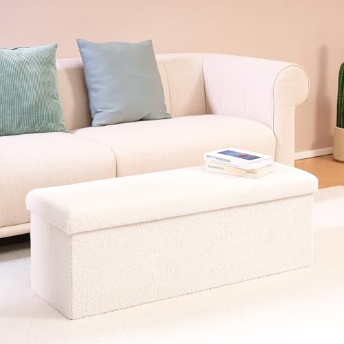 PINPLUS Folding Storage Ottoman Bench, Upholstered Sherpa Ottoman, Large Storage Chest Footrest Footstool with Lids, Entryway Bench for Living Room Bedroom, White, 43.3\'\' x 15\'\' x 15\'\'
