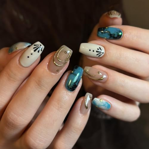 Blue Ombre Press on Nails White Glossy Fake Nails Gold Line Stick on Nail
