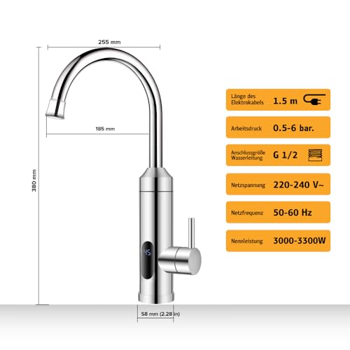 HOGART Elektrische Wasserhahn mit Durchlauferhitzer 230v für Küche, Garten, Bad, Wohwagen, Camping, Smart Heater, Armatur mit Sofortiger Warmwasserbereiter, Warmwasserhahn, Küchenarmatur, Wasserboiler