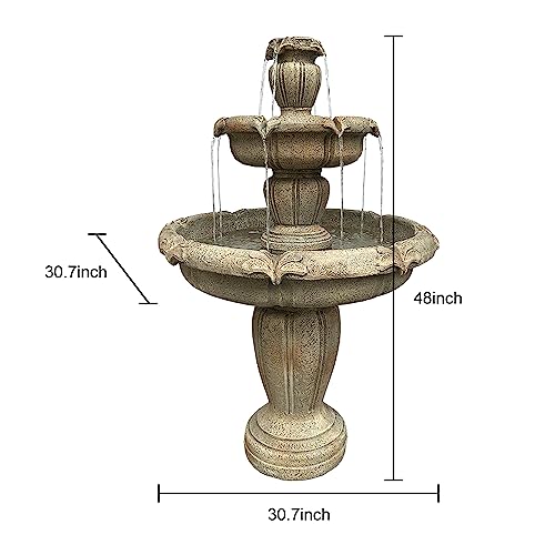Image of SunJet 48 inch High Modern Concrete Outdoor Water Fountain - 3 Tiered Large Floor Water Fountain and Waterfalls with Electric Pump for Garden, Patio, Yard, and Deck Decor, Featuring Natural Stone Look