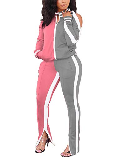 Bornpom Women 2 Piece Joggers Sweatsuits Sets Long Sleeve Zip Jacket And Skinny Long Pants Casual Tracksuit Pink-Gray L #TOP14