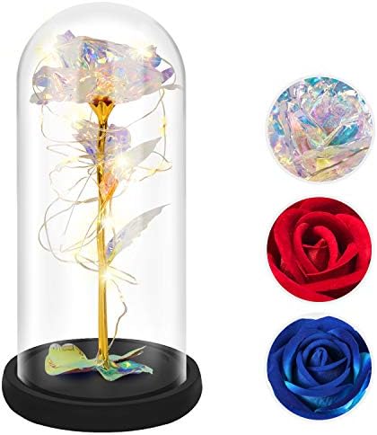 RECUTMS Gold Rose,Beauty and the Beast,Gold Foil Flower Colorful Artificial Forever Rose LED Light Infinity in Glass Kit Gift for Her,Anniversary,Birthday,Decoration