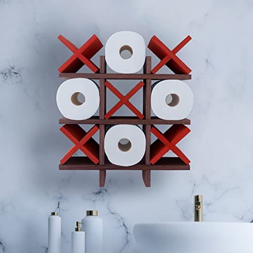 Tic Tac Toe Toilet Paper Holder | Farmhouse Bathroom Decor And Storage For Toilet Tissue Roll | Wooden Wall Mounted Shelves Fun Modern Organizer | 5 X's Blue Or Red (Navy Blue) #TOP5