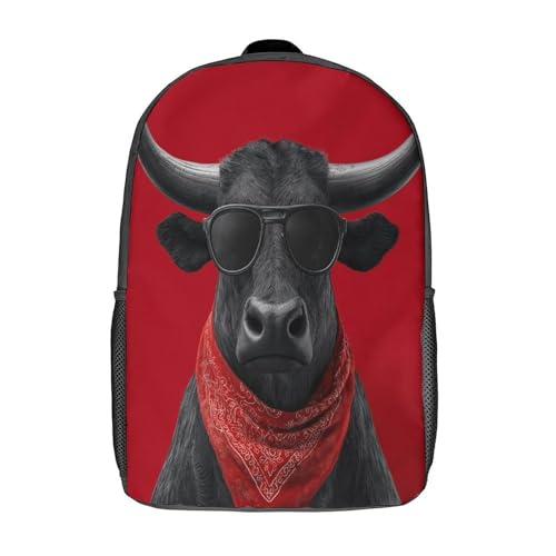 kaiyun 3D Cabeza de Toro o Caballo Negro con Gafas de Sol y Pañuelo Rojo Mochilas Escolar Para Niños Chicas Bolsas De Para Adolescentes Estudiantes De Primaria Y Secundaria 17inch