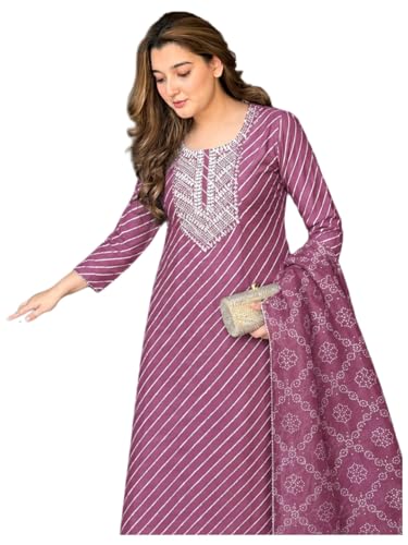 Image of ANNI Designer Women's Cotton Blend Printed Straight Kurta Set with Pant and Dupatta | Ladies Ethnic Three Piece Outfit | Round Neck 3 /4 Sleeve Kurta Pant Dupatta Set for Office College Casual Wear