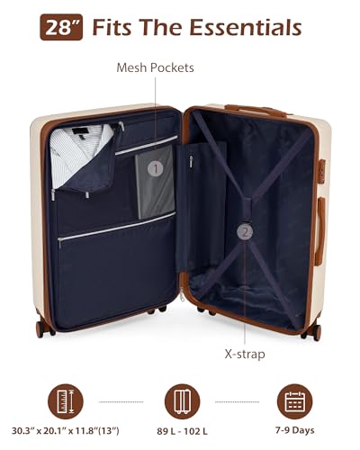Image of Coolife Luggage, Suitcase with Durable and Lightweight, Large Checked Luggage with ABS Hardshell Expandable, Dual Spinner Wheels, TSA Lock, and YKK Zipper (apricot white, L(28in))