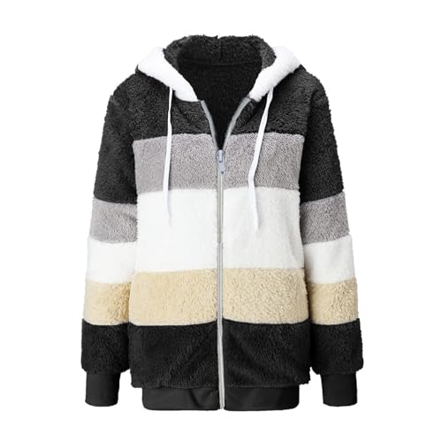Fuzzy Fleece Jackets for Women Plus Size Hoodies Fall Winter Coats Color Block Patchwork Cardigan Coat with Pockets