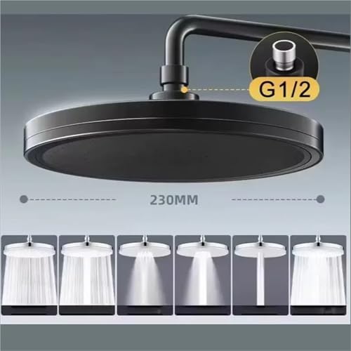Pommeau de douche à effet pluie noir de 230 mm de diamètre avec 6 modes de jet
