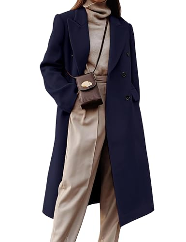 Kinghua Wool Coats for Women 2025 Fall Winter Dress Pea Coat Double Breasted Jackets Long Trench Coat Peacoat, Navy, M