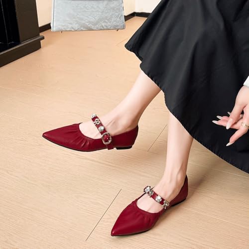 Women's Wrinkled Leather Pointed Toe Retro Mary Jane Shoes Fashion Rhinestones Comfort Soft Sole Ballet Flats with Adjustable Buckle for Office Work Wedding Walking Casual Elegant Dress Shoes3