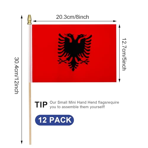 HSQCEZ 12Pcs Small Albania Flags on Wooden Stick Mini Albanian Flag Hand Held Flag Decorations,5x8 Inch