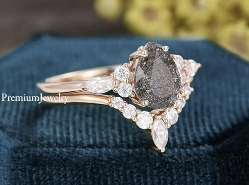 Pear Shaped Black Rutilated Quartz Ring & Curved Band, Delicate Cz Engagement Ring Set of 2, Wedding Ring Set for Women, Christmas Gift, Bridal Ring, 925 Sterling Silver Ring3