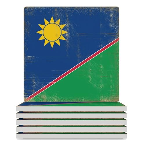 Lot de 6 sous-verres carrés vintage avec drapeau national de la Namibie pour boissons, dessous de verre carré pour décoration de table basse moderne, dos en liège pour décoration de maison et bar