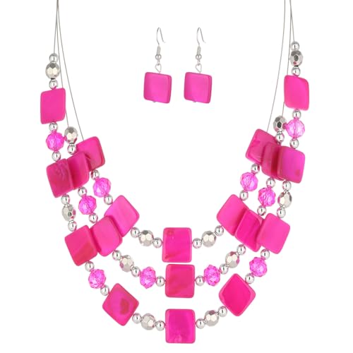Layered Beaded Statement Necklaces for Women Square Shell Bead Collar Necklace and Earring Set Birthday Gifts Boho Jewelry Sets for Women