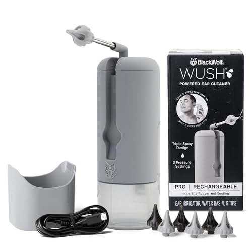 Wush Pro by Black Wolf - The Original Deluxe Water Powered Ear Cleaner with 6 Reusable Replacement Tips by Black Wolf - Safe & Effective for Ear Wax Buildup - Electric Ear Wax Removal Kit (Grey)