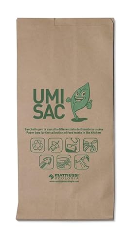 Sacchetti per la raccolta differenziata dei rifiuti organici, in carta riciclata trattata antiumido, per contenitori da 10 litri. Confezione da 100 pezzi.