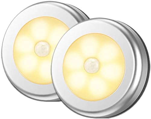 Thecom 人感センサーライト 室内 屋内 LED フットライト ナイトライト 電池式 コードレス 玄関 明るい 夜間 玄関 トイレ 廊下 足元灯 (2個セット, 銀本体暖色光)