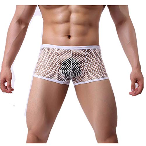 Kwelt Homme sous-vêtements Lingerie Homme Boxer Résille Transparente Slip Respirante Caleçon Briefs,M,Blanc