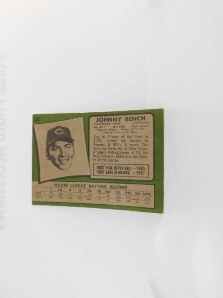1971 Topps Baseball Series 2#250 Johnny Bench Cincinnati Reds Set Break 2 (See Photos for Actual MLB Trading Card you will receive)