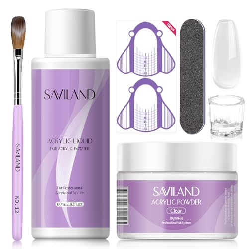 Saviland Kit d'Ongles en Acrylique: 30 g Poudre Acrylique Clair, 60 ml Liquide Acrylique, Pinceau Acrylique, Chablon, Limes à Ongles, Récipient Dappen pour...