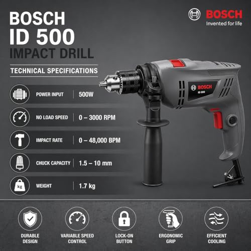 Image of Bosch Professional STANDARD LINE ID 500 Impact Drill, 500W, 10mm Chuck, 3000 RPM, 1.7kg| 6 Months Warranty