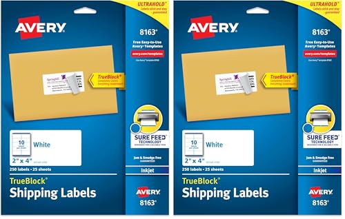 Image of Avery Shipping Labels, 2 inch x 4 inch, White, 250 Labels | Sure Feed Technology | Pack of 2 | Model 8163