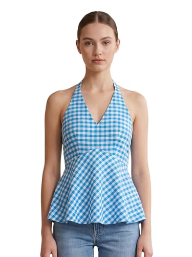 Image of Women's Gingham Halter Neck Peplum Top, Sleeveless, Casual Summer Blouse