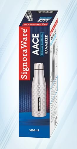 Image of Signoraware Aace Hammered Stainless Steel Single Walled Bottle | Airtight & Leakproof | LightWeight | Easily fit Into bags | Great for School, Office, Home, Gym & Travel Use | (1 Ltr | Steel)