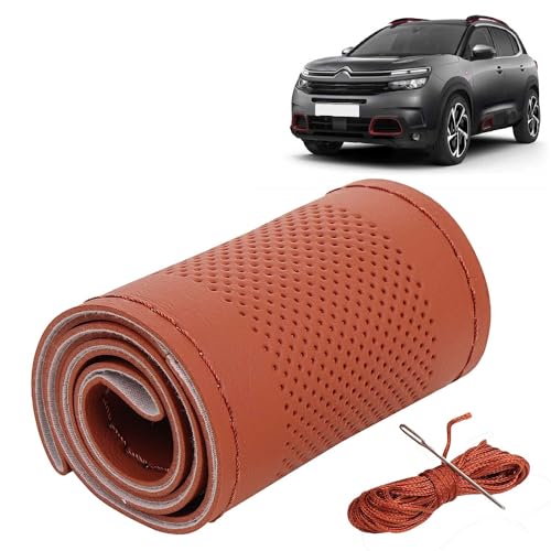 Image of KINGSWAY PU Leatherite Car Steering Cover Sewable Compatible with Citroen C5 Aircross (Year 2021 Onwards), Tan Color with Tan Thread, Pack of 1 with Sewing Needle and Thread