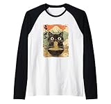 black cat ramen noodles giapponese divertente grafica kawaii anime maglia con maniche raglan