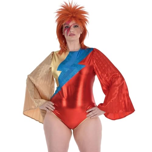 Women's Metallic Red, Gold, & Blue Glam Rock Bodysuit Costume (L/XL Size) 1 Piece - Ideal for Cosplay, Halloween, & Themed Events