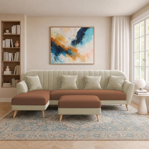 Image of Atticus LHS 6 Seater L Shape Sofa Set with Ottoman Living Room (Cream Brown Colour Fabric) Premium Fabric Sofa Set for Living Room