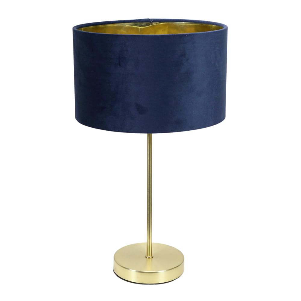 Valuelights Unisex Dark Navy Charlie Gold Stem Table Lamp With Velvet Drum With Gold Inner Lamp Shade & Bulb In