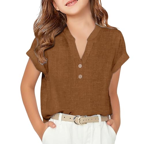 Linen Shirts for Girls Summer Casual Button Up V Neck Tunic Blouses 2025 Kids Trendy Lightweight Plain Short Sleeve Tops