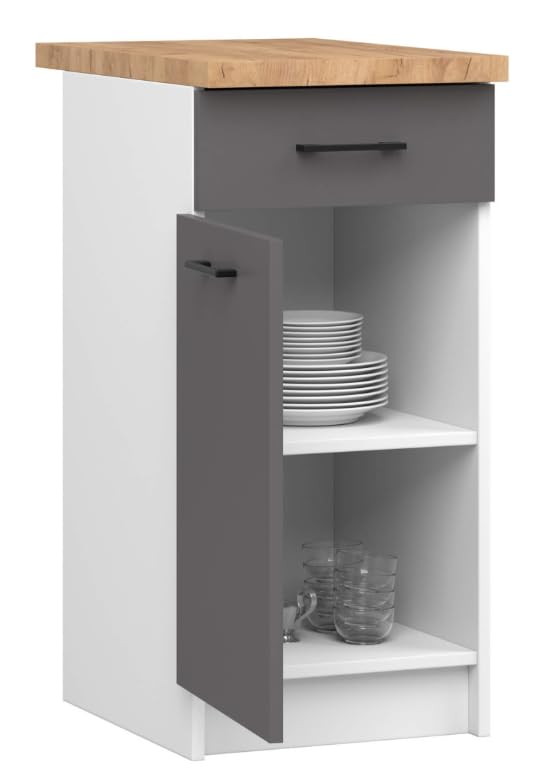 BDW - Küchenschrank Weiß/Grau - Schrank Küche - mit Arbeitsplatte, Tür, Schublade - Schrank 40 cm breit, 85 cm hoch - Küchenschränke Einzeln, Küchenmöbel Einzelteile