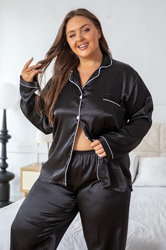 Vozanet Women's Plus Size Button Down Pajama Sets Satin Silky Long Sleeve Long Pants Sleepwear Loungewear Nighty XL to 5XL2