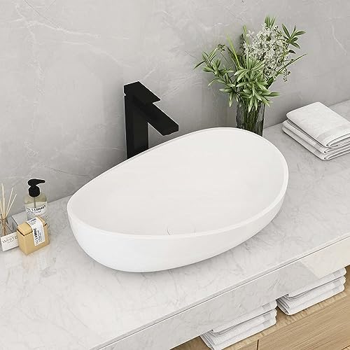 Weibath Oval Vessel Sink Stone Resin Bathroom Sink Modern Art Sink Matte White with Pop Up Drain...