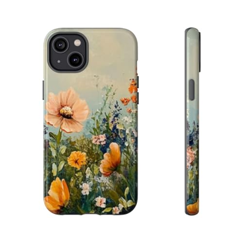 Coque iPhone 14 Plus orange brillante motif champ de fleurs sauvages rigide