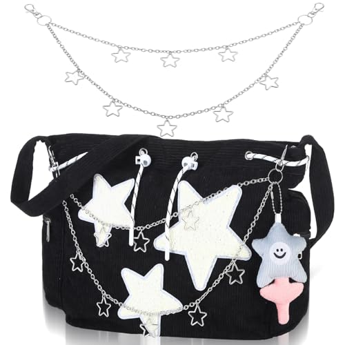 Cuffbow Bolsa de veludo cotelê estrela com corrente hip hop Y2K ombro estética bolsa mensageiro para mulheres compras trabalho, Preto, 12.6 x 11.81 x 4.33 inches