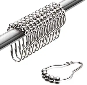 Gitesh Grip 5 Roller Ball Curtain Hooks Rings Thick Striped Stainless Steel Shower Curtain Hanger for Clothes- (Pack of 12 pcs)