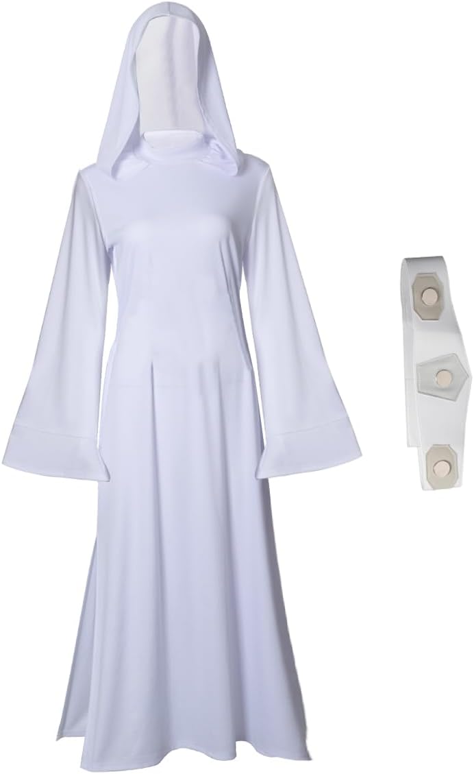 Womens Star Costume Long Hooded Princess Dress Halloween Tunic Robe with Belt X-Large White