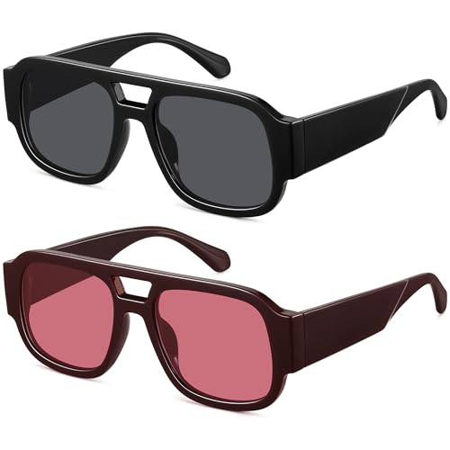 LOOMAKA Square Aviator Sunglasses for Women Men Retro 70s Chunky Double Bridge Glasses Trendy Flat Top Y2K Shades UV400 Protection for Driving & Festival Party