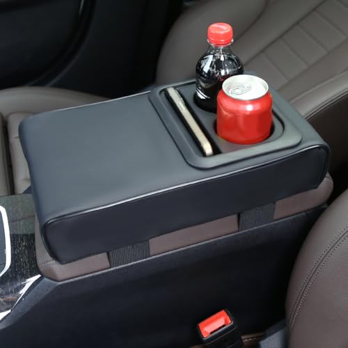 Image of Osilly Car Center Console Armrest Pillow with Cup Holder, Leather Middle Console Protection Cushion with Phone Holder, Memory Foam Auto Arm Rest Box Cover, Universal Vehicle Accessories (Black)