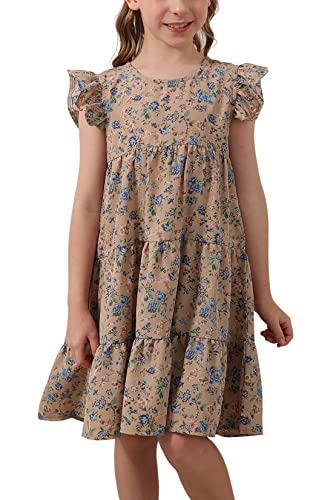 GORLYA Girls Floral Print Ruffle Sleeve Tiered Loose Fit Pleated Swing Midi Dress 4-14T