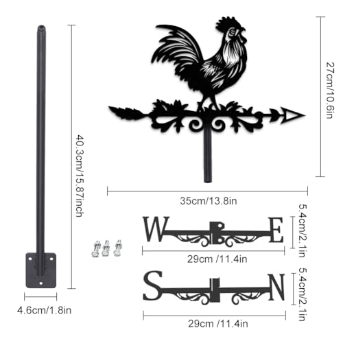 INFUNLY Schwarze Hahn-Wetterfahne, Küken-Windfahne, Rein Handgefertigt, Hahn-Eisen, Richtungsschild, Dachgarten, Außenbereich, Bauernhaus-Dekoration, 35 cm x 27 cm