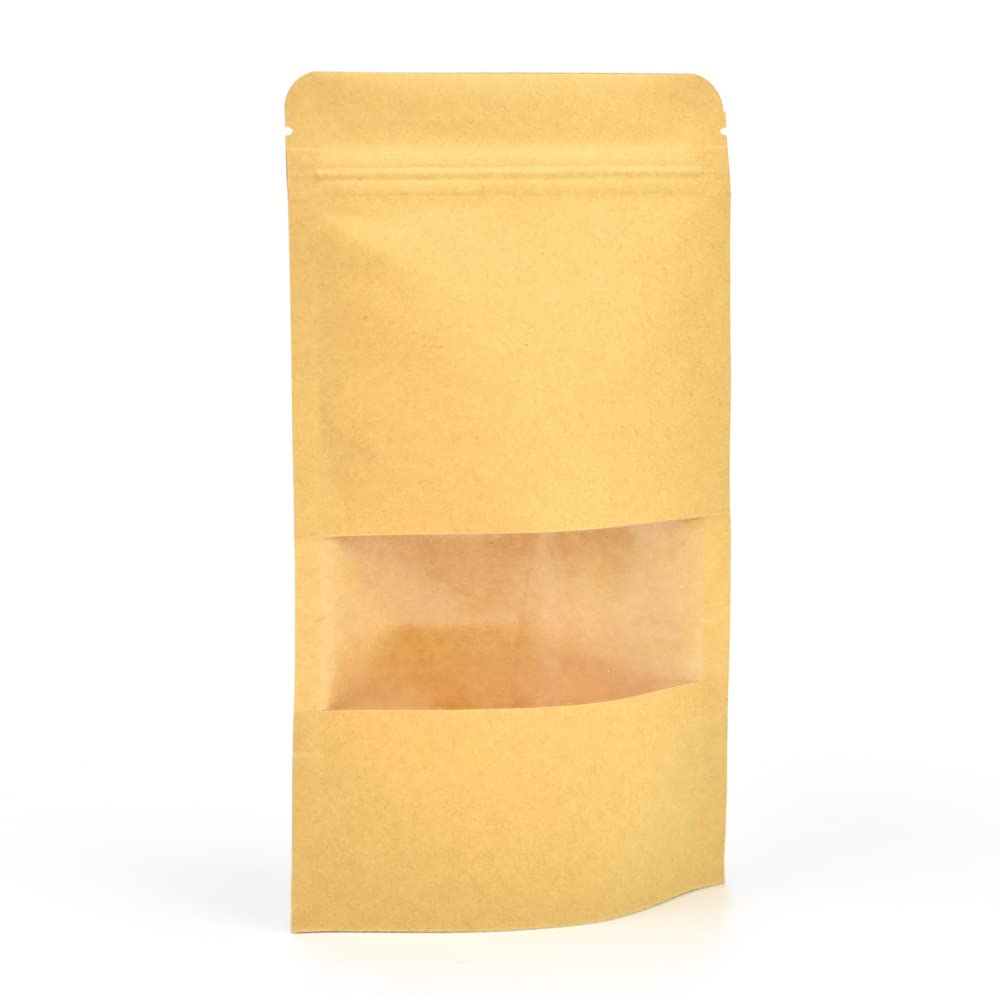 Evergreen Goods 200pcs Brown Kraft Paper Pouch Bags (120x200mm) | Reusable Self-Standing | Sealable ZipLock & Window | Heat Resealable | Perfect for Tea, Coffee Beans, Seeds, Dried Fruits Etc