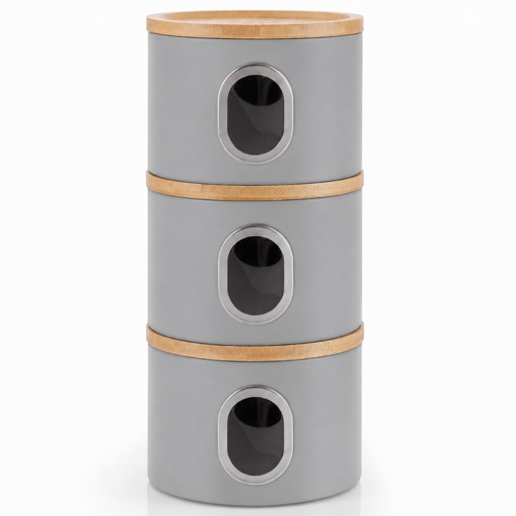 EHC Set of 3 Kitchen Storage Canisters for Tea Coffee Sugar, Transparent Window Airtight Kitchen Multi Purpose Containers, Grey